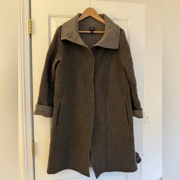 Eileen Fisher Small Alpaca / Wool Coat Jacket Brown Funnel Neck - Picture 2 of 12
